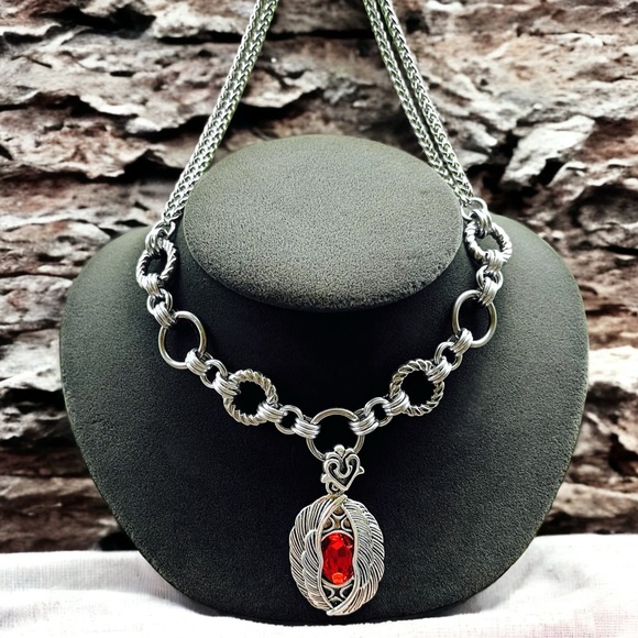 stainless steel necklace double wheat chain angel wings red stone charm . - Picture 2 of 13